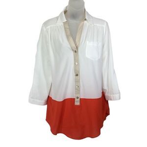 IZ Byer Women's V-Neck Collared Colorblock Semi-sheer Blouse tunic medium
